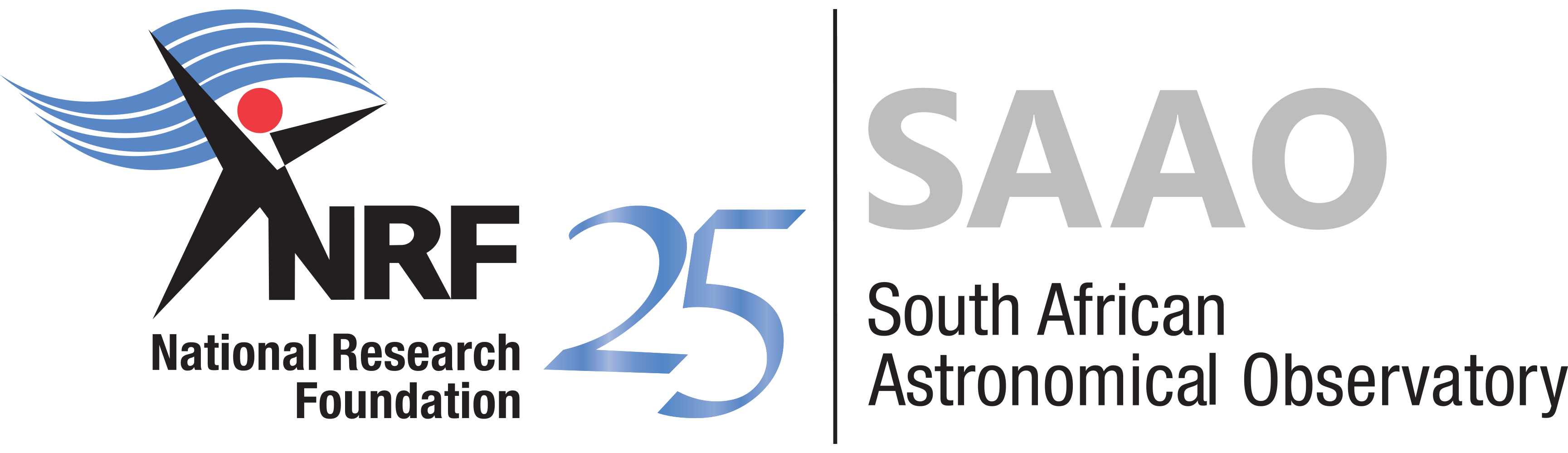 Logo of NRF|SAAO, celebrating 25 years of NRF